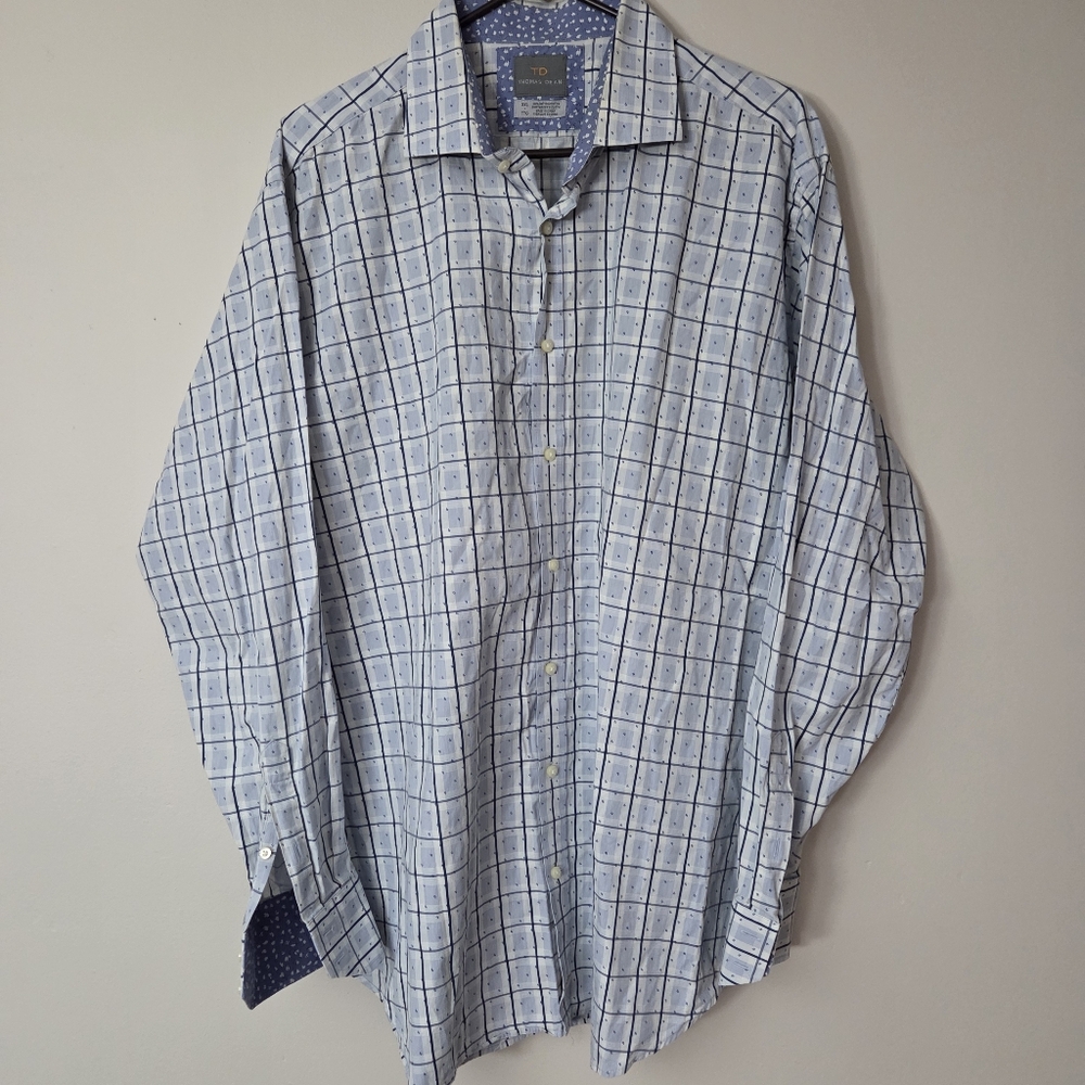 TD Thomas Dean Cottom Light Blue White Plaid Two Tone Cuffs And Collar XXL